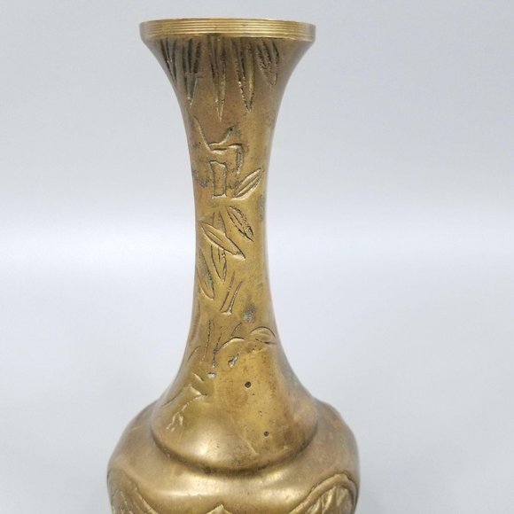 Brass Hand Hammered Vase Dragon Bamboo Vintage Asian Lotus Flower 6.75" Tall - Picture 6 of 11
